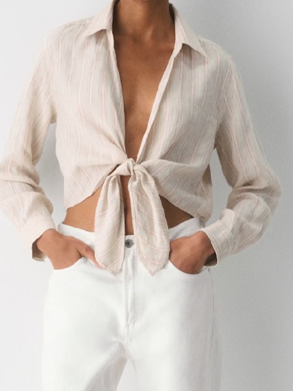 Aritzia Striped Tie-Front Blouse in Cream and Pink